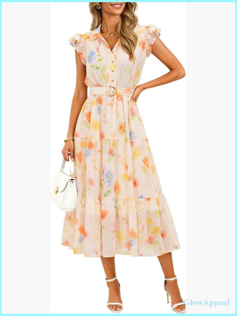 Women's Floral Midi Dress Flutter Short Sleeve Chiffon A-Line Wedding Guest